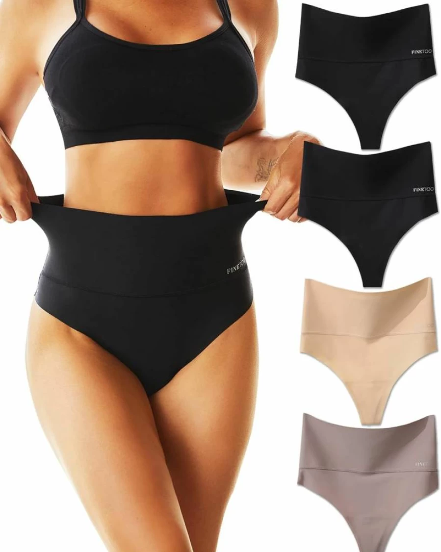 FINETOO Women's High Waisted Thong Panties 4 Pack - Tummy Control No Show Underwear Soft Stretchy Nylon High Rise Thongs