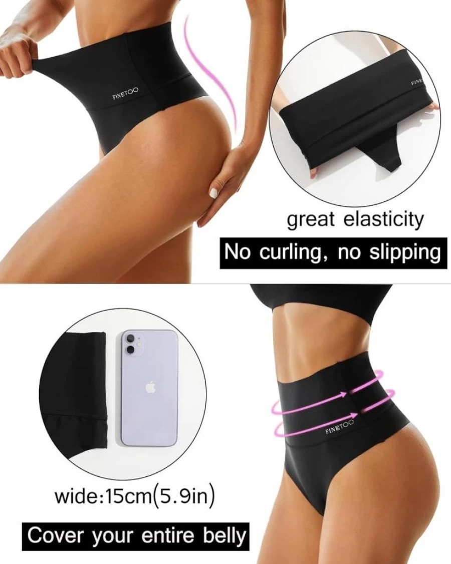 FINETOO Women's High Waisted Thong Panties 4 Pack - Tummy Control No Show Underwear Soft Stretchy Nylon High Rise Thongs
