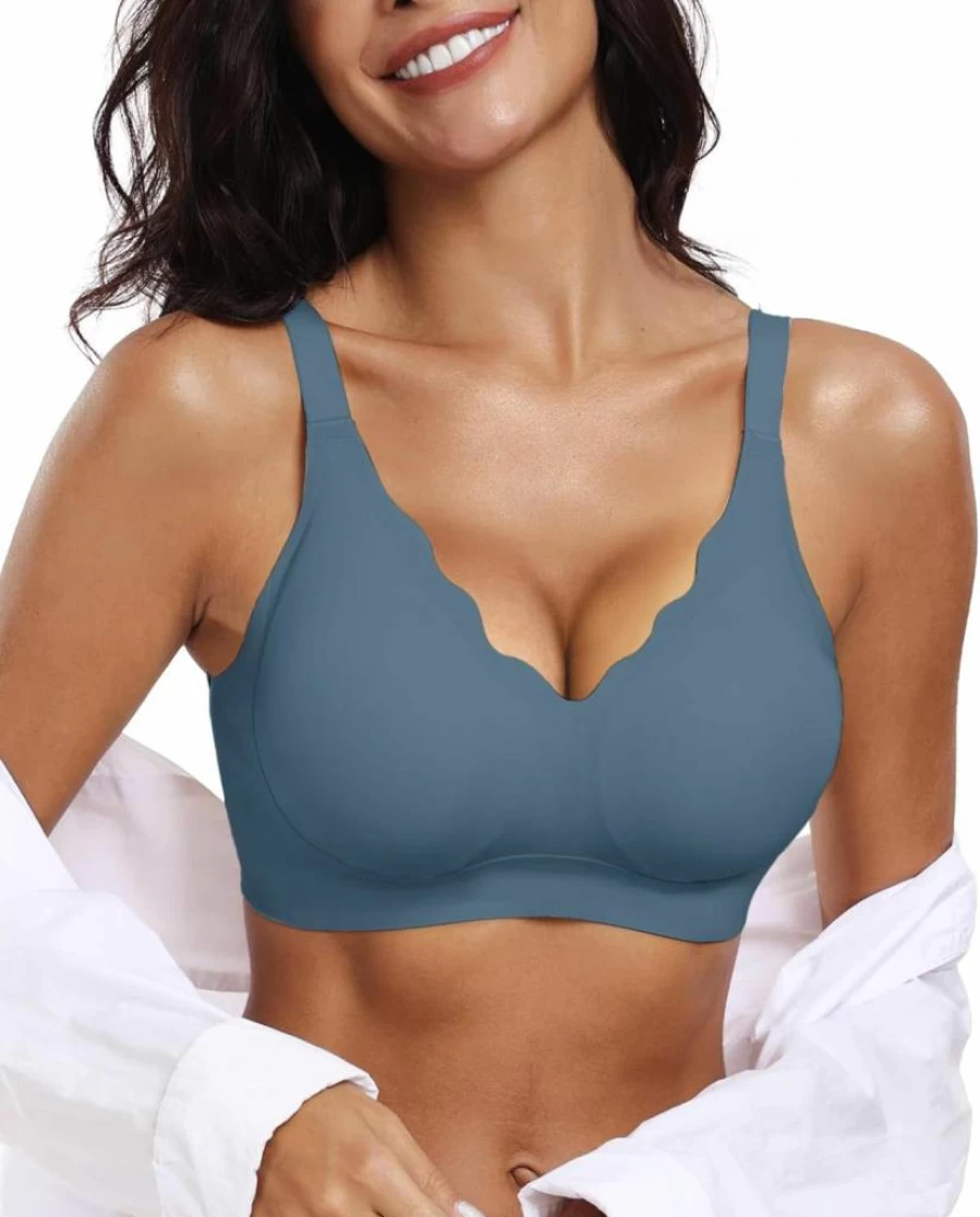 OEAK Women's Wireless Push Up Bra - Seamless Soft Comfort Full Coverage Bralette, V Neck Everyday Brassiere with Scalloped Edge