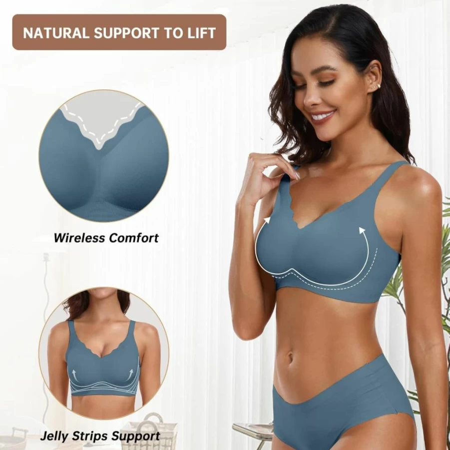 OEAK Women's Wireless Push Up Bra - Seamless Soft Comfort Full Coverage Bralette, V Neck Everyday Brassiere with Scalloped Edge