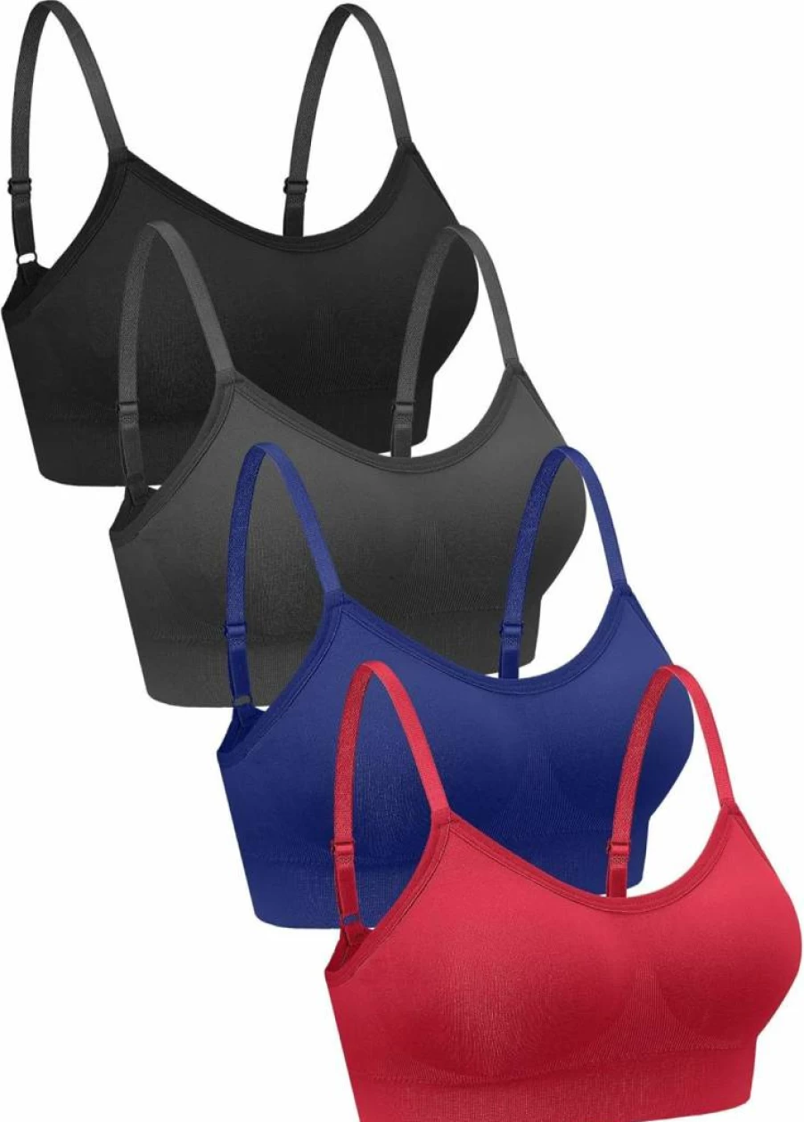 Geyoga 4-Pack Wireless Bralette Tank Top for Women - Soft Sports Bras in Black, Brown, Army Green, White (Small)