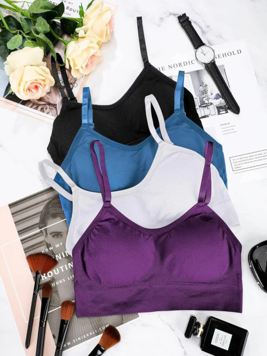Geyoga 4-Pack Wireless Bralette Tank Top for Women - Soft Sports Bras in Black, Brown, Army Green, White (Small)
