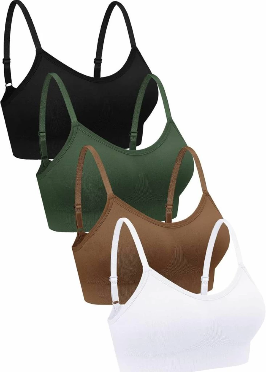 Geyoga 4-Pack Wireless Bralette Tank Top for Women - Soft Sports Bras in Black, Brown, Army Green, White (Small)