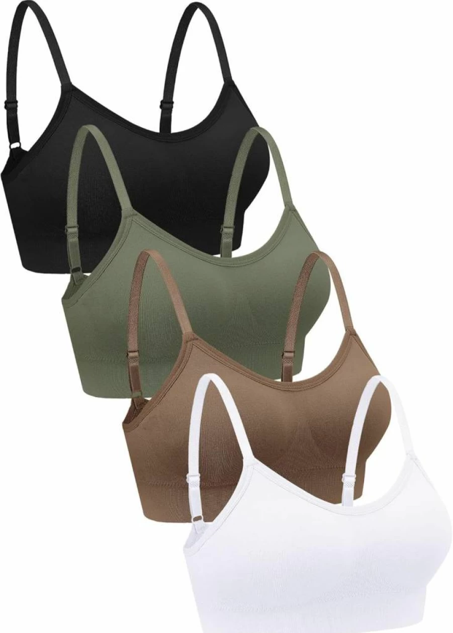 Geyoga 4-Pack Wireless Bralette Tank Top for Women - Soft Sports Bras in Black, Brown, Army Green, White (Small)