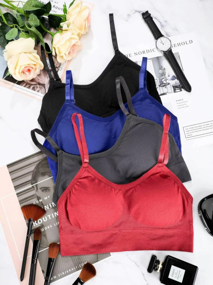 Geyoga 4-Pack Wireless Bralette Tank Top for Women - Soft Sports Bras in Black, Brown, Army Green, White (Small)