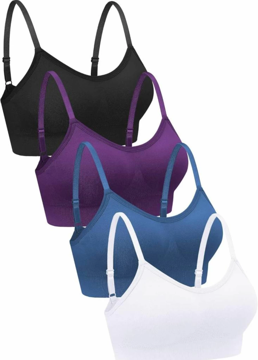 Geyoga 4-Pack Wireless Bralette Tank Top for Women - Soft Sports Bras in Black, Brown, Army Green, White (Small)