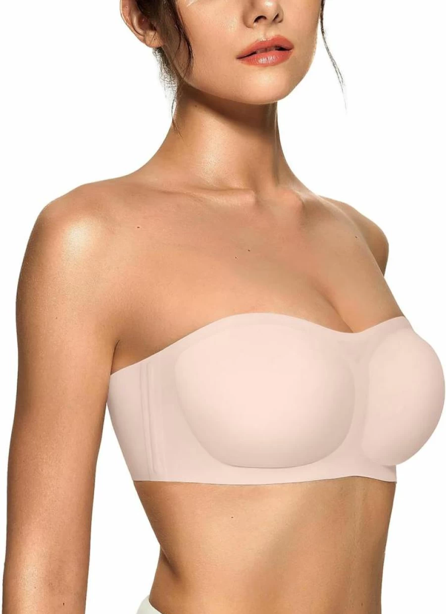 OEAK Women's Wireless Strapless Bra Push Up Bandeau Non-Slip Seamless Comfort Padded Tube Bra Lace L Nude Skin