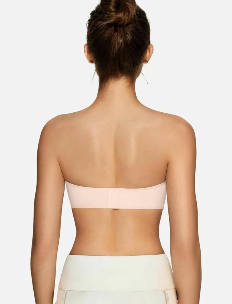 OEAK Women's Wireless Strapless Bra Push Up Bandeau Non-Slip Seamless Comfort Padded Tube Bra Lace L Nude Skin