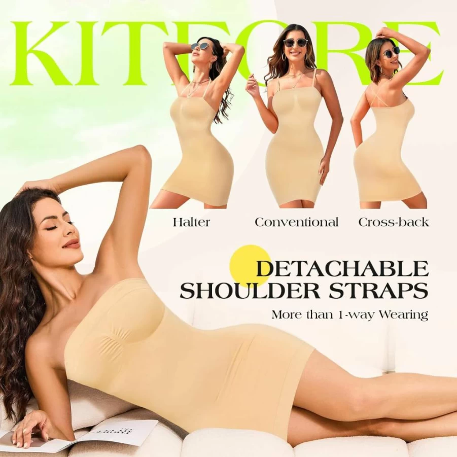 Kitfore Seamless Strapless Shapewear Slip - Tummy Control Body Shaper for Women, Invisible Under Dress Full Slip