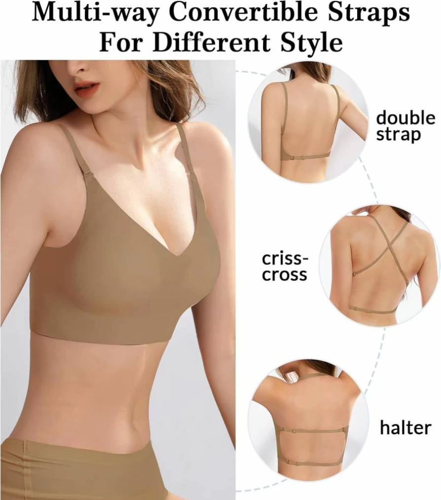 BOUFOR Wireless Seamless Low Back Bralette - Convertible Multiway Halter Bra with Thin Straps, Backless & Comfort Padded Design