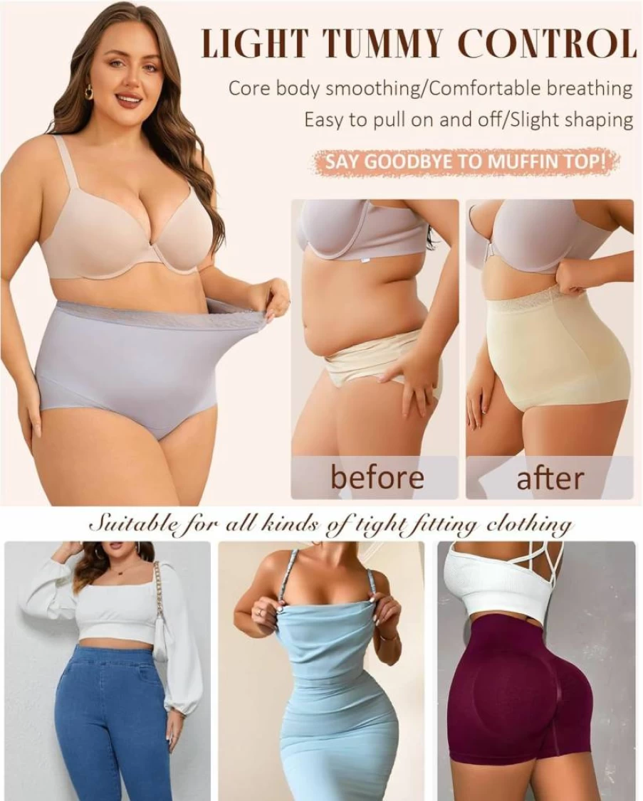 FINETOO High Waist Tummy Control Panties for Women - Lace Trim Shaping Briefs Smoothing Underwear Sizes S-3XL Core Slimming Ladies Underwear