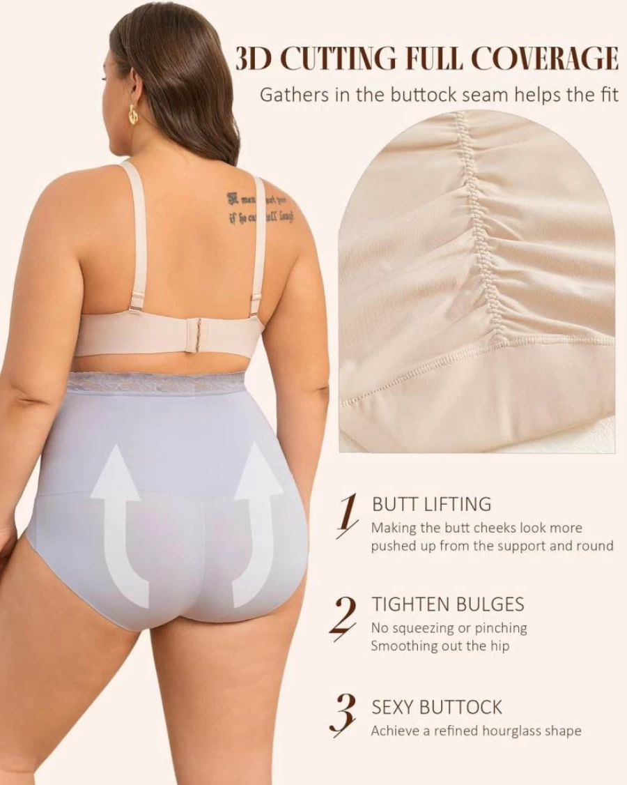 FINETOO High Waist Tummy Control Panties for Women - Lace Trim Shaping Briefs Smoothing Underwear Sizes S-3XL Core Slimming Ladies Underwear