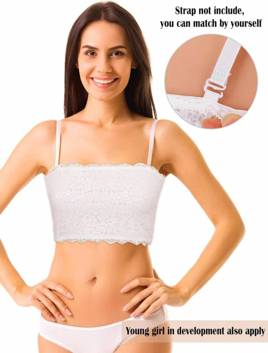 Boao Women's Floral Lace Bandeau Bra - 3 Piece Seamless Stretchy Tube Top Set, Strapless Chest Wrap for Comfort & Style