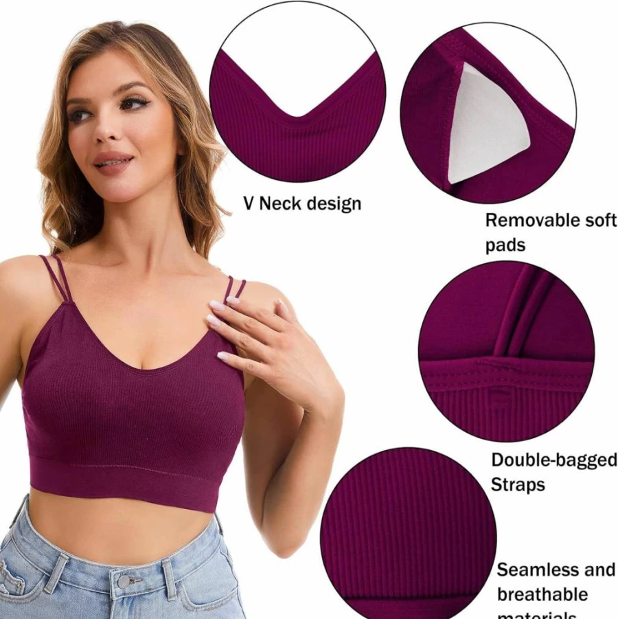 BQTQ 6-Pack Women's Seamless V-Neck Bralettes with Removable Pads and Adjustable Straps