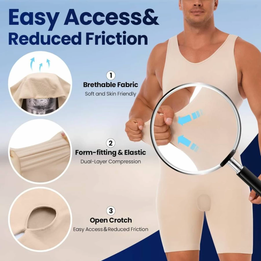 FlyJumper Men's Tummy Control Shapewear Bodysuit - Slimming Compression Underwear for Full Body Support & Posture Correction