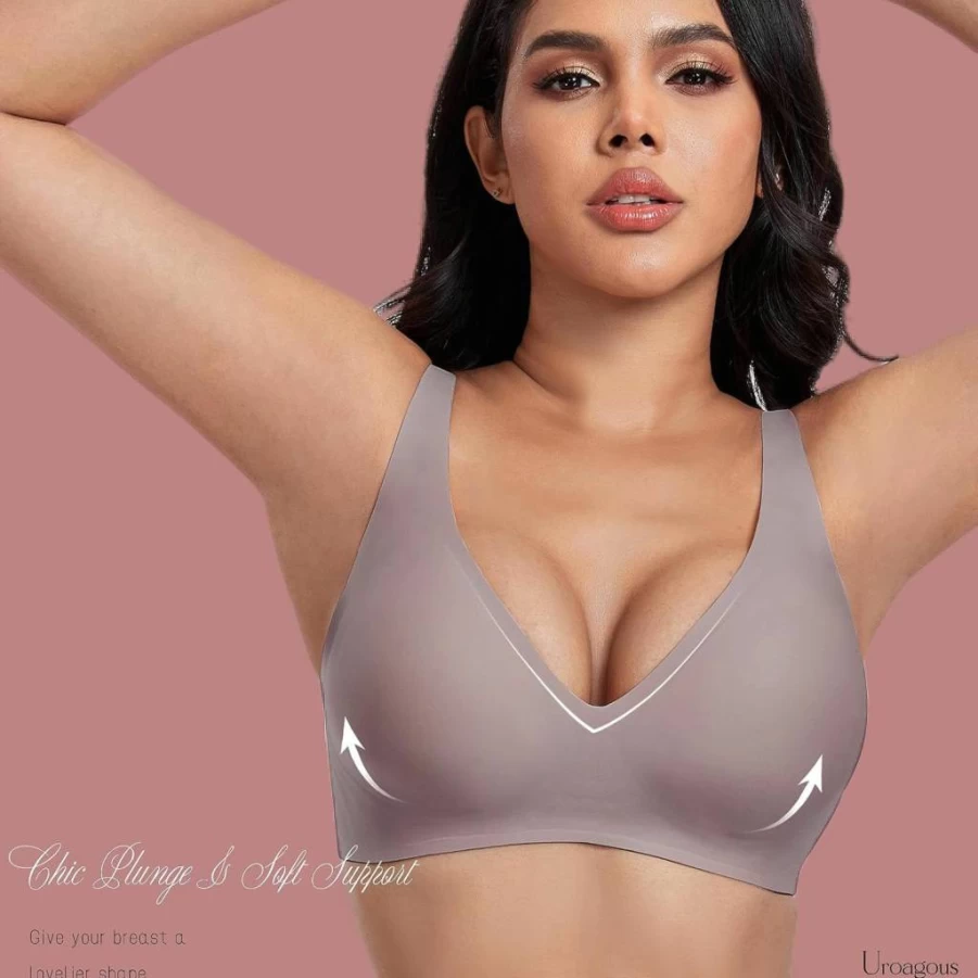 Uroagous Women's Wireless Deep V Plunge Bralette - Seamless No Underwire T-Shirt Bra with Extender