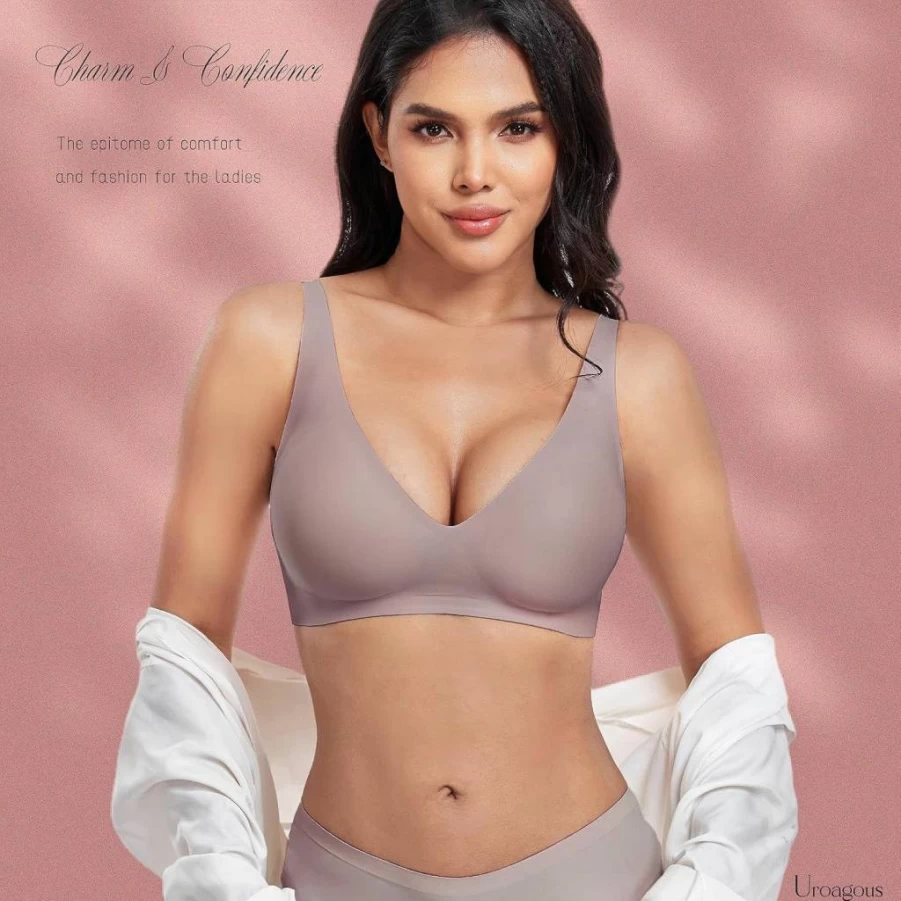 Uroagous Women's Wireless Deep V Plunge Bralette - Seamless No Underwire T-Shirt Bra with Extender