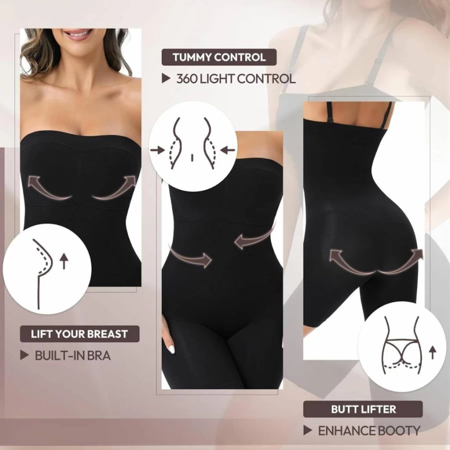 Ellareese Women's Strapless Shapewear Bodysuit - Tummy Control Seamless Full Body Shaper with Built-In Bra | Colombian Fajas for Slimming & Smoothing