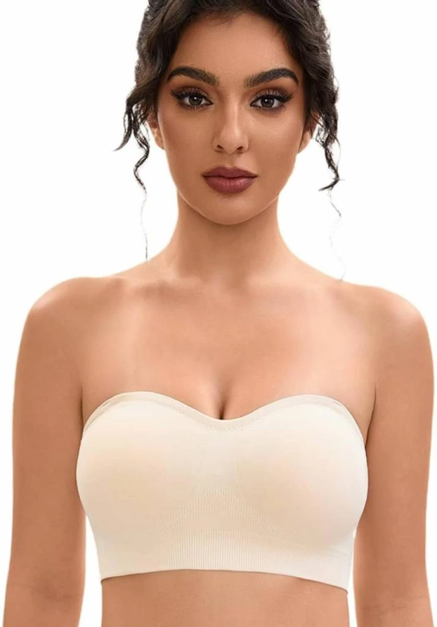 YHGV Women's Wireless Push-Up Bralette - Strapless Seamless Tube Top with Convertible & Non-Slip Design, Beige