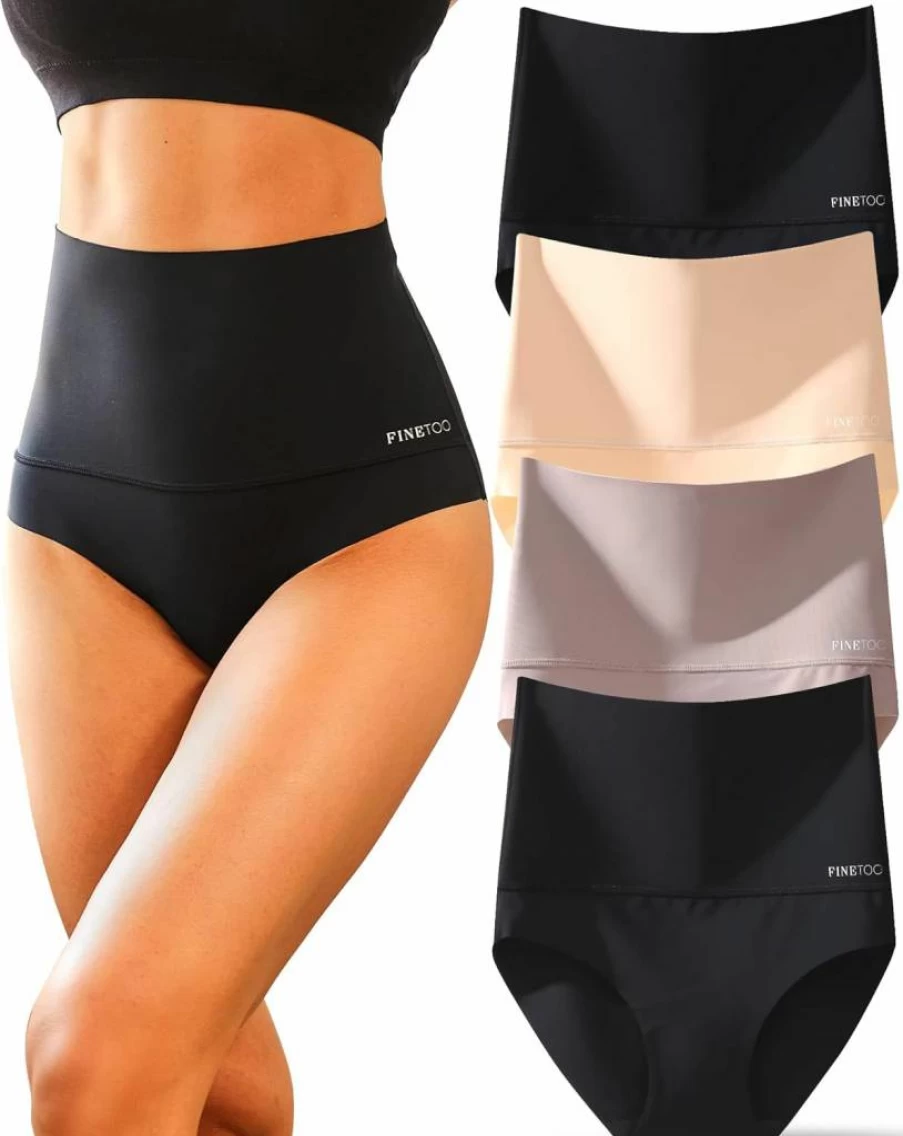 FINETOO High Waisted Tummy Control Underwear for Women - Seamless No Show Nylon Bikini Briefs 4-Pack (S-XXXL)