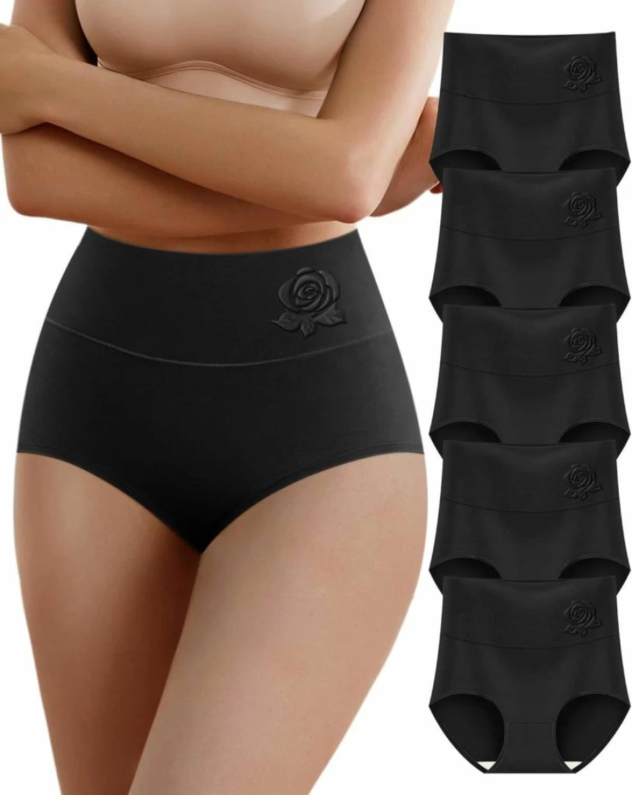 YDQ Women's High Waisted Cotton Underwear 5-Pack - Tummy Control Soft Breathable Briefs Full Coverage Stretch Comfort