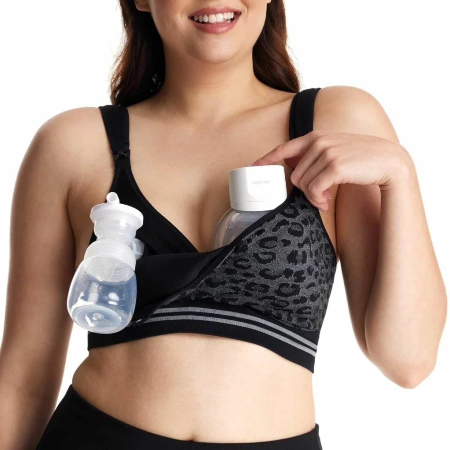 Momcozy Hands-Free Pumping Bra - 4-in-1 Nursing & Maternity Bra with Fixed Padding, Compatible with Spectra, Elvie, Willow Pumps, Comfortable Cotton-Nylon Blend (Large)