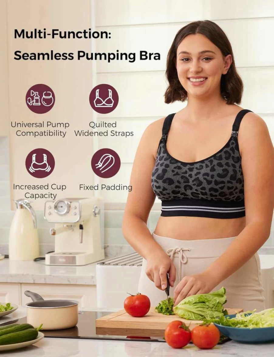 Momcozy Hands-Free Pumping Bra - 4-in-1 Nursing & Maternity Bra with Fixed Padding, Compatible with Spectra, Elvie, Willow Pumps, Comfortable Cotton-Nylon Blend (Large)