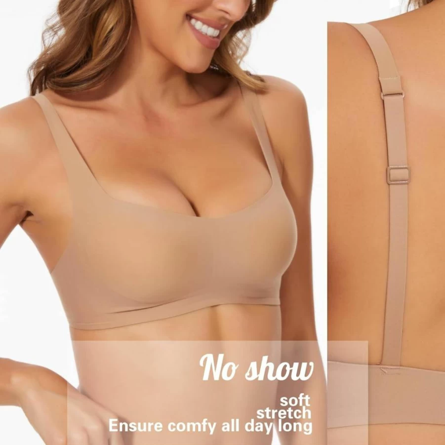 Haullps Seamless Wireless Bralette for Women - Comfortable No Show Square Neck Stretch Bra with Removable Padding