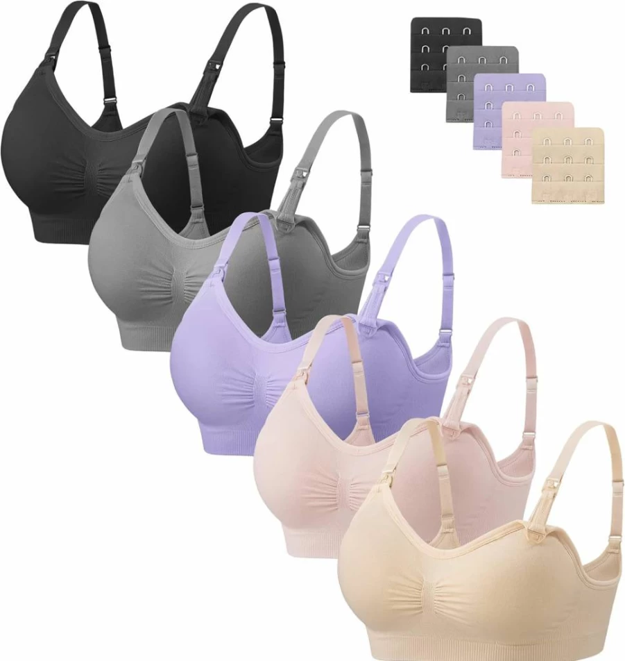 Angelhood 5 Pack Wireless Maternity Nursing Bra - Seamless Sleep Bra for Breastfeeding with Extenders, Comfortable & Supportive