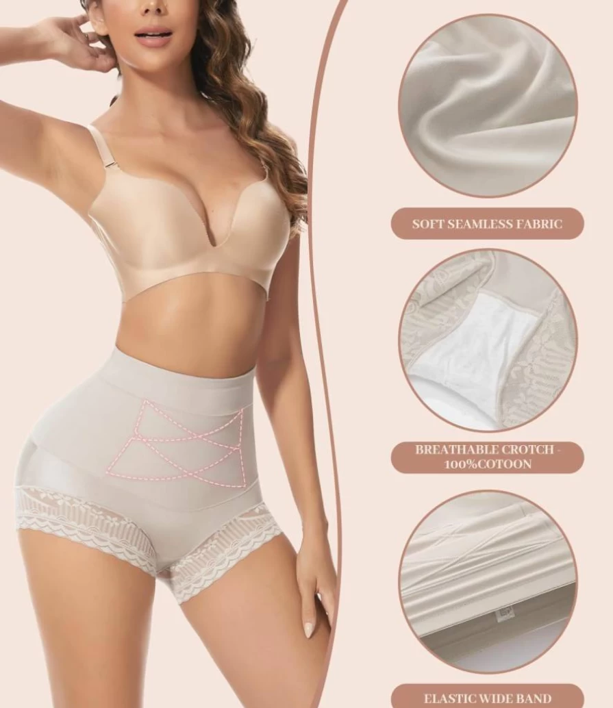 JUQDNX High-Waisted Tummy Control Shapewear for Women - Butt Lifting Slimming Panties with Lace Trim
