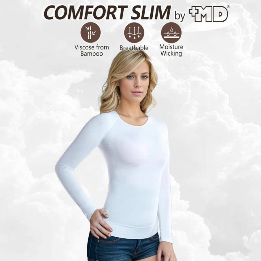 +MD Women's Bamboo V-Neck Thermal Underwear - Slim Fit Long Sleeve Baselayer, Soft Lightweight Compression Top