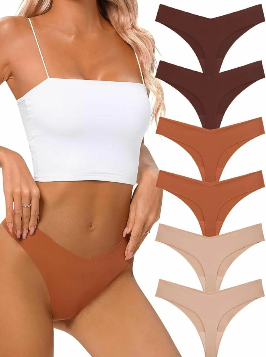 Tichers Women's No Show Seamless Thong Panties 6 Pack - Breathable, Stretchable, V-Waist Underwear for Comfort & Sexy Fit