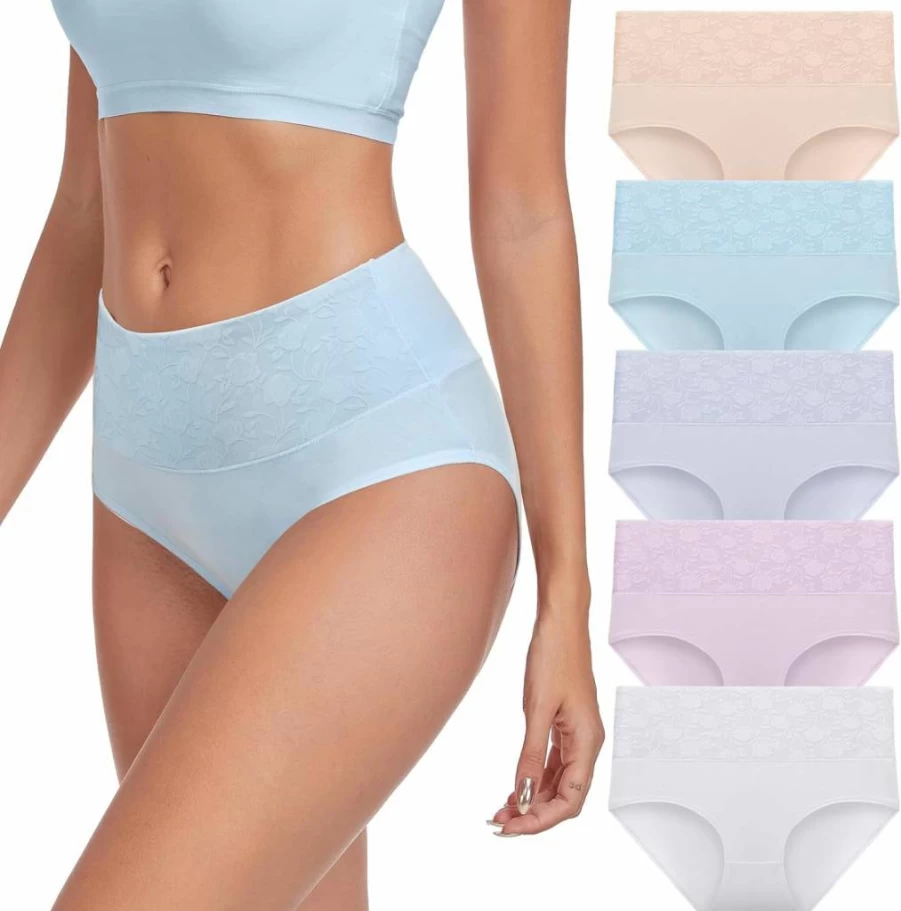 Coskefy Women's High Waist Cotton Underwear 5-Pack - Floral Print Full Coverage Briefs