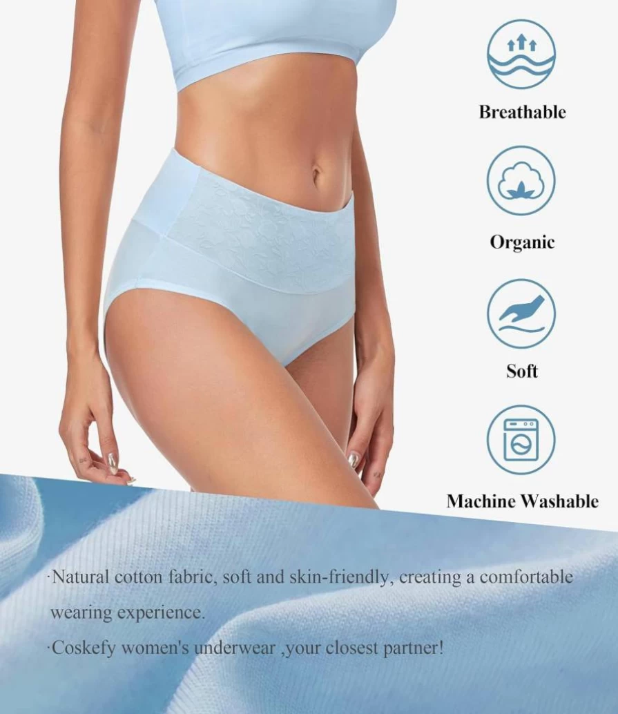 Coskefy Women's High Waist Cotton Underwear 5-Pack - Floral Print Full Coverage Briefs