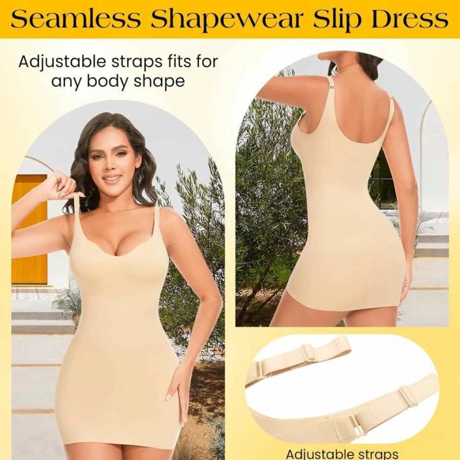 HMQ Women's Seamless Tummy Control Shapewear Slip - Cami Under Dress Body Shaper for Smoothing & Slimming Full Slip Dresses