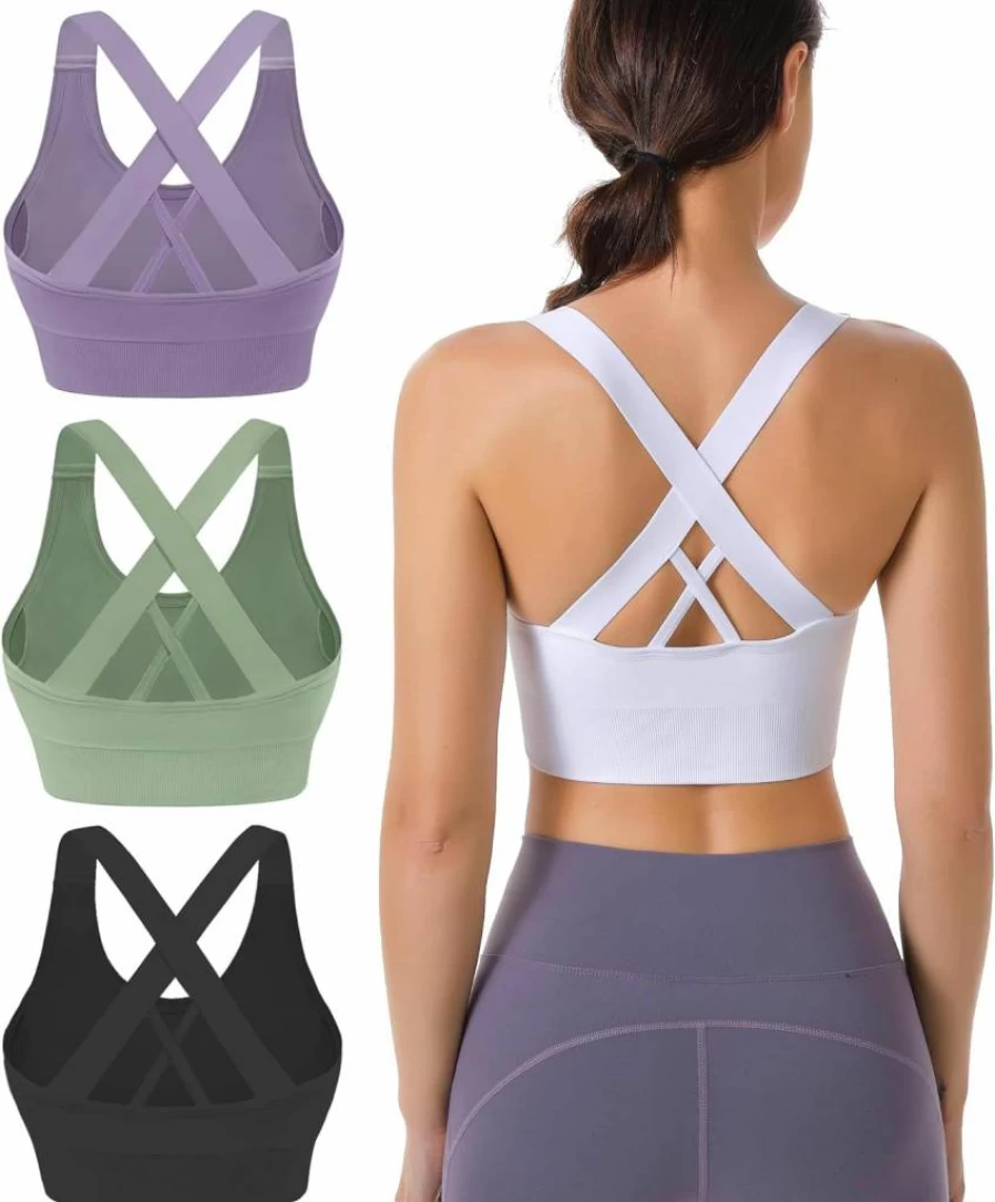 Evercute Women's Criss Cross Sports Bra - Medium Support Padded Yoga Bra for High Impact Workouts & Athletic Activities