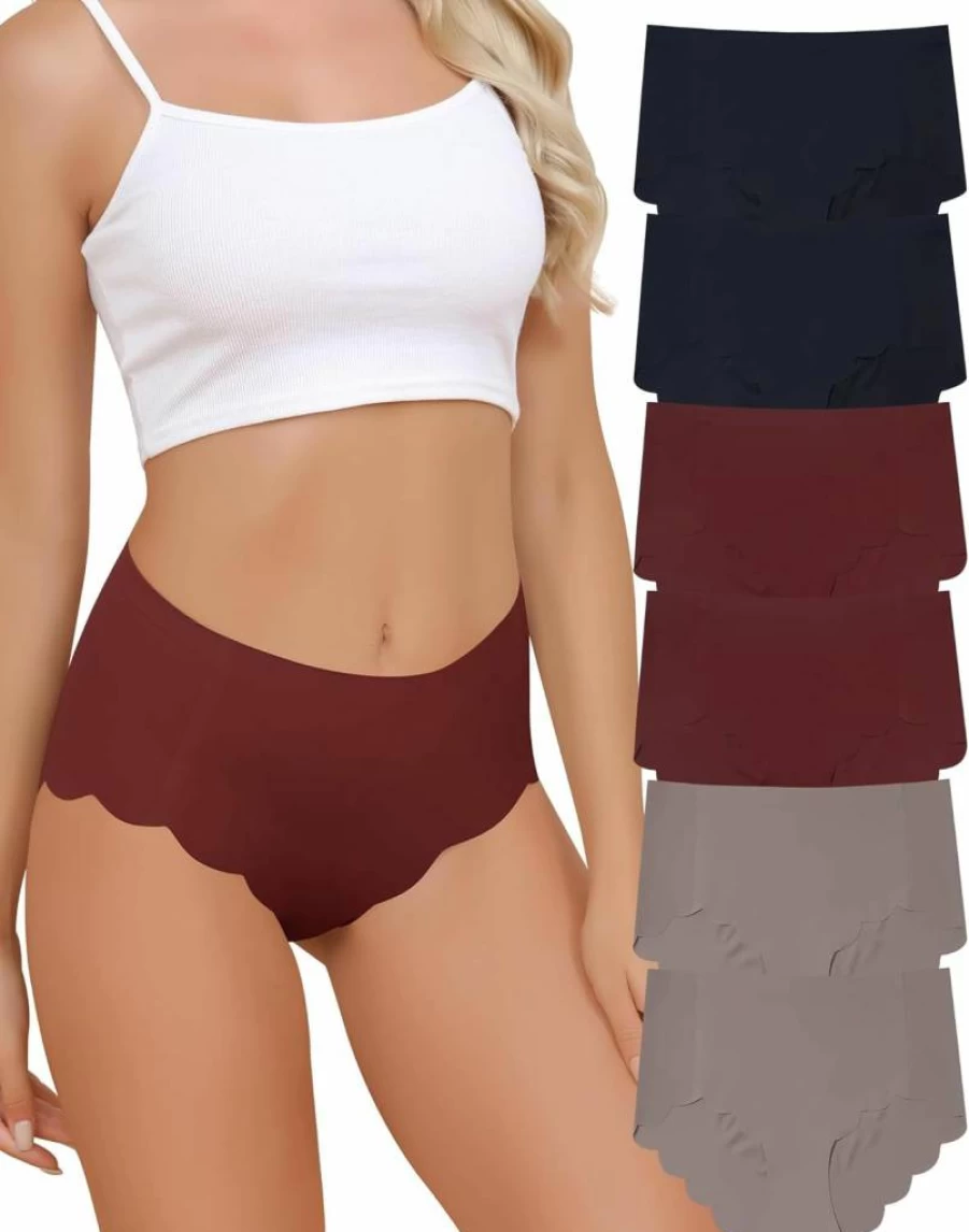LEVAO Women's High Waisted Seamless Panties 6-Pack - No Show Full Coverage Bikini Underwear with Wave Edge Design