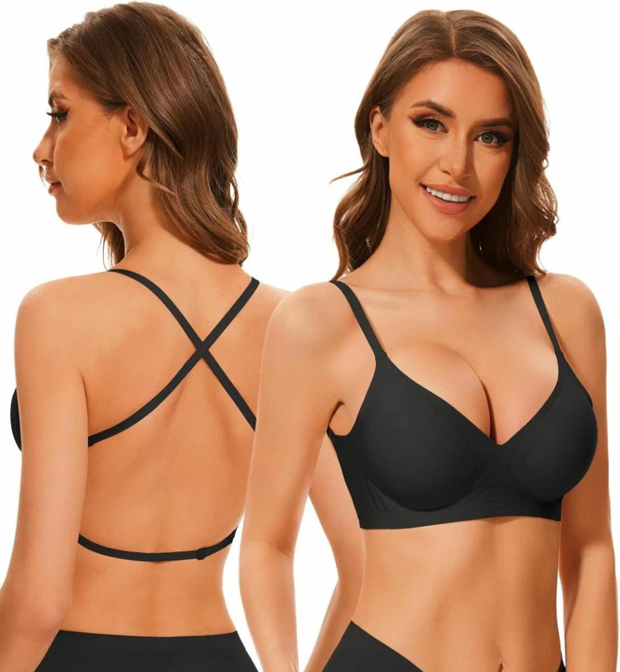 BOUFOR Women's Deep V Neck Backless Push Up Bralette - Seamless Wire-Free Low Back Bra with Convertible Straps, Padded Comfort Lingerie