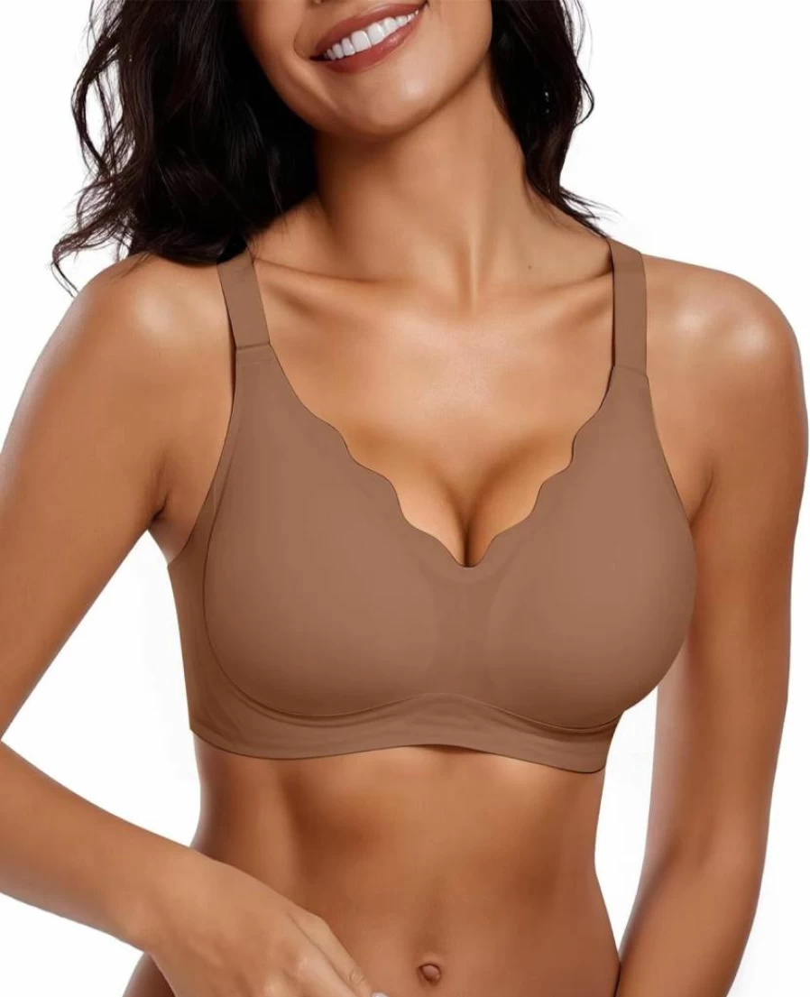 Vertvie Women's Wireless Seamless Bralette - Full Coverage Comfort Bra with Scalloped Edge for Support and Push Up Effect