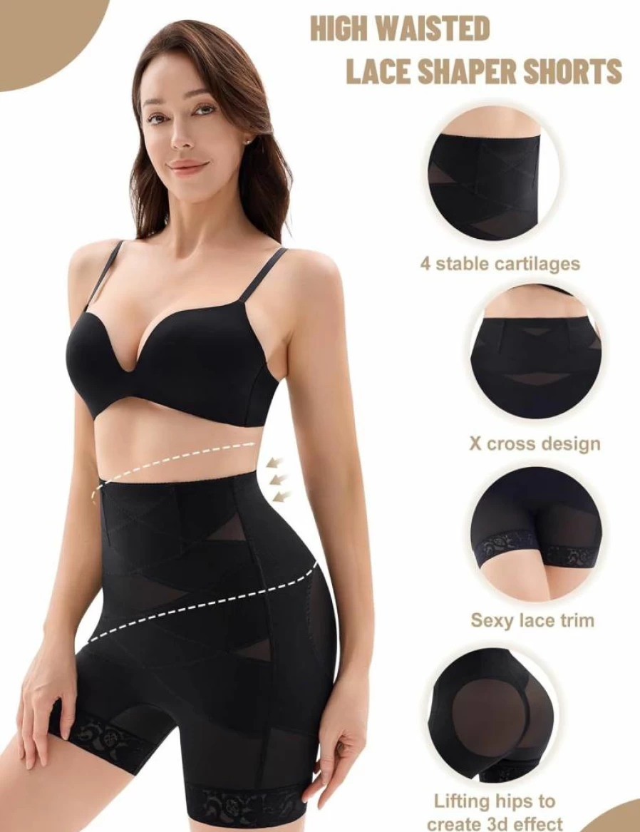 GEWIMO High Waisted Tummy Control Shapewear Shorts for Women - Lace Butt Lifting Body Shaper, Thigh Slimmer Panties & Girdle Underwear