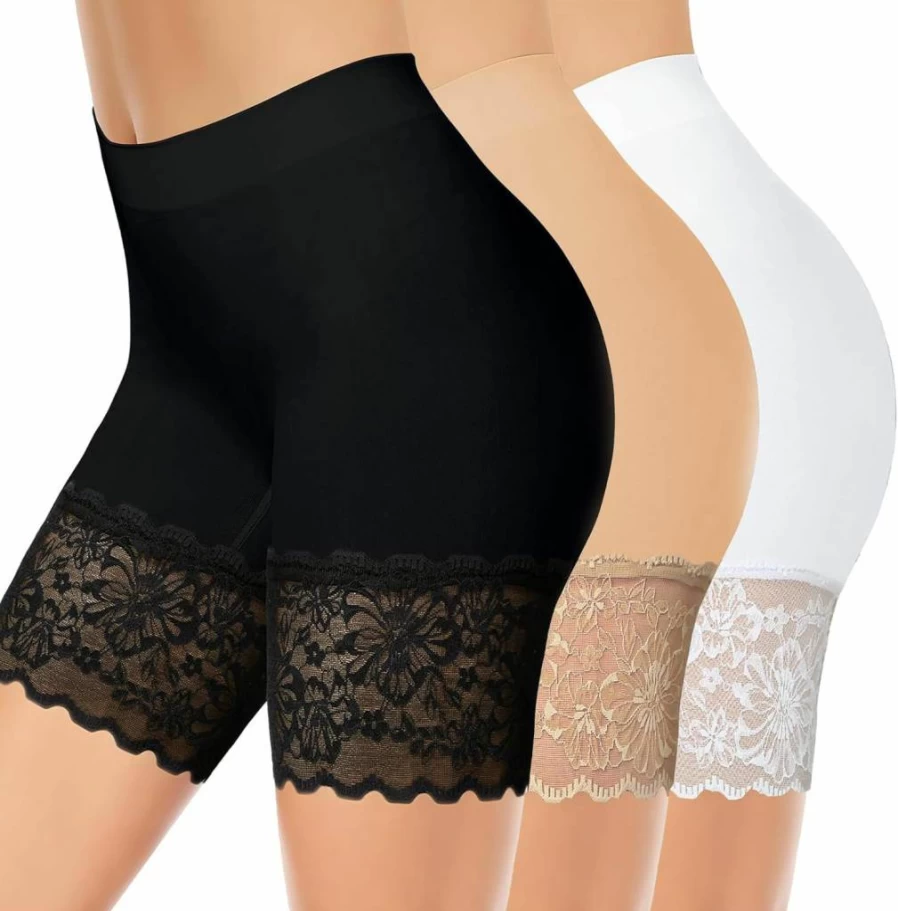 ZENUTA 3-Pack Women's Lace Slip Shorts for Under Dresses, Anti-Chafing Bloomers, Boyshorts & Lace Leggings