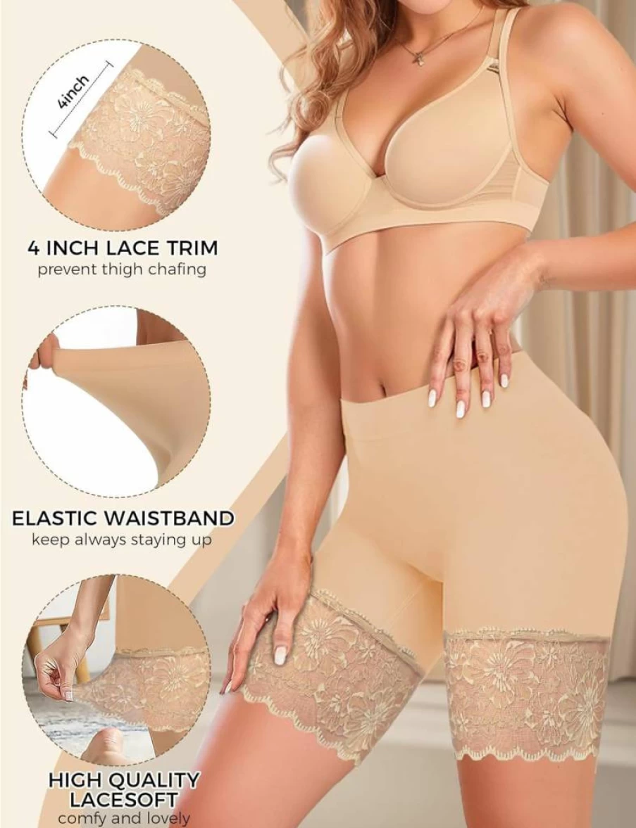 ZENUTA 3-Pack Women's Lace Slip Shorts for Under Dresses, Anti-Chafing Bloomers, Boyshorts & Lace Leggings