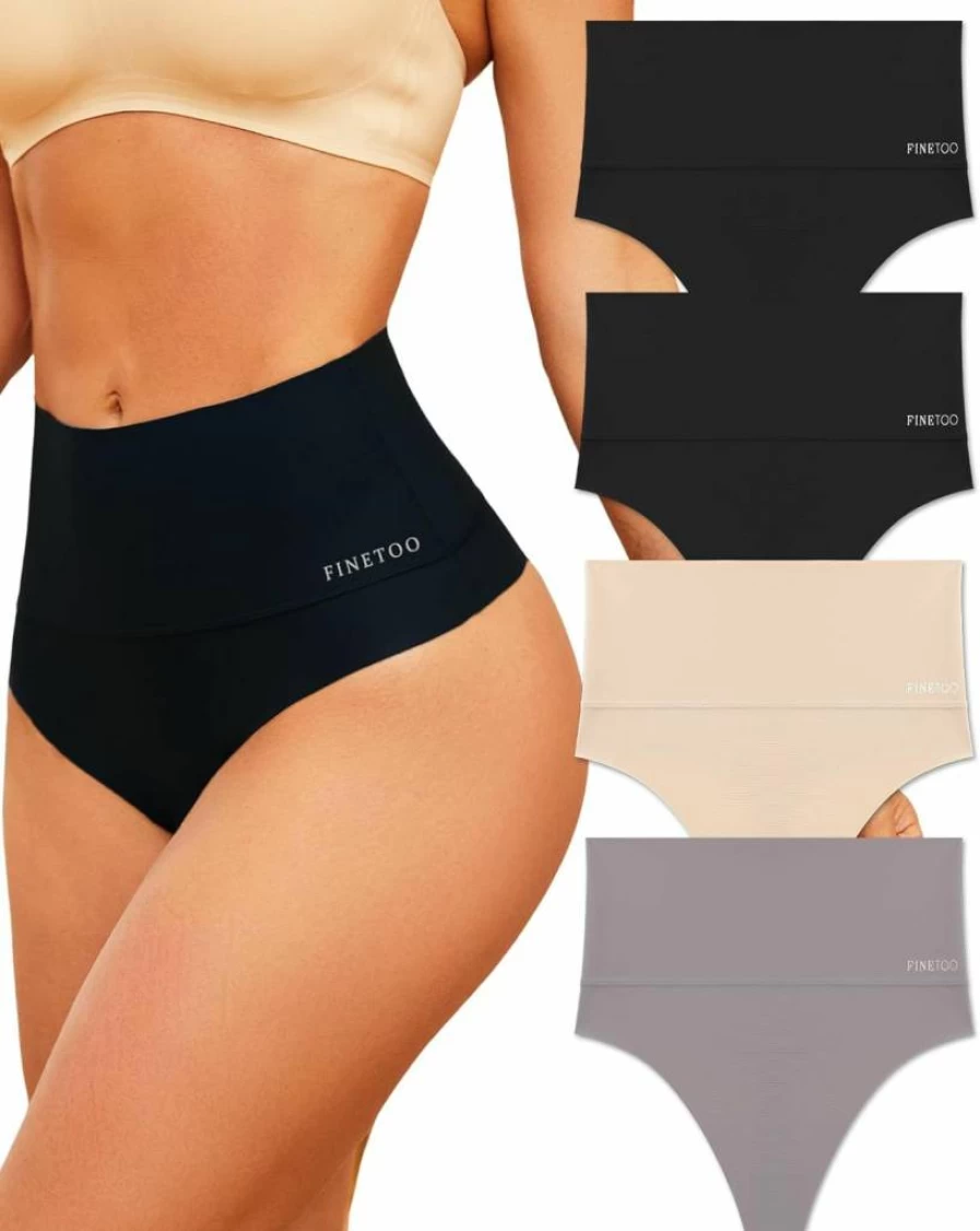 FINETOO High Waisted Shapewear Thongs for Women - Tummy Control Seamless Underwear No Show Panties 4 Pack (Sizes S-3XL)