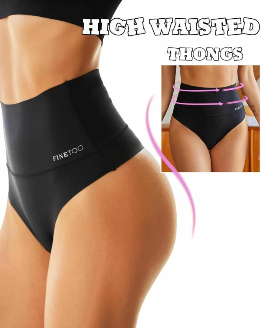 FINETOO High Waisted Shapewear Thongs for Women - Tummy Control Seamless Underwear No Show Panties 4 Pack (Sizes S-3XL)