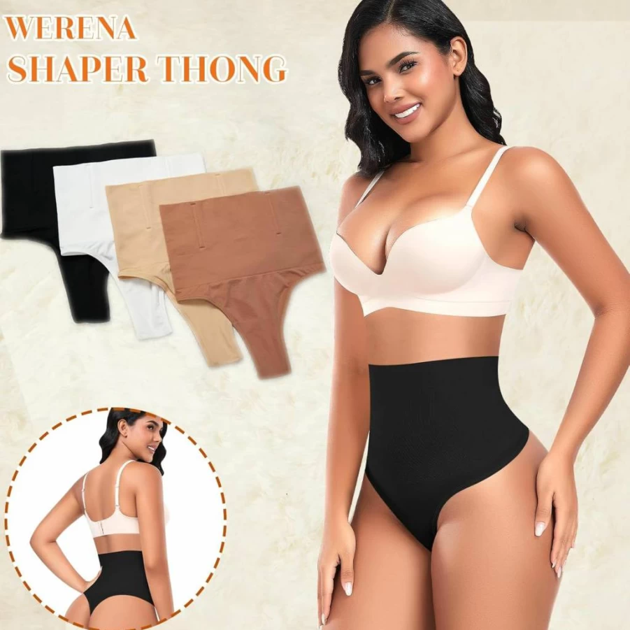 Werena High Waisted Tummy Control Thong Shapewear for Women - Seamless Body Shaper Panties & Girdle Underwear
