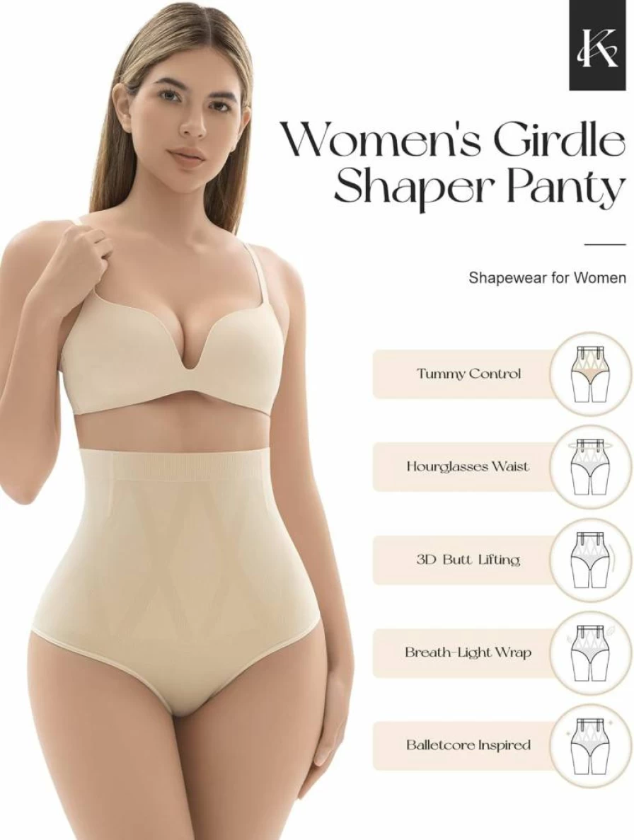KAWERI High Waist Tummy Control Shapewear for Women - Seamless Cotton Panties, Body Shaper Girdle for Under Dresses, Slimming Spanks