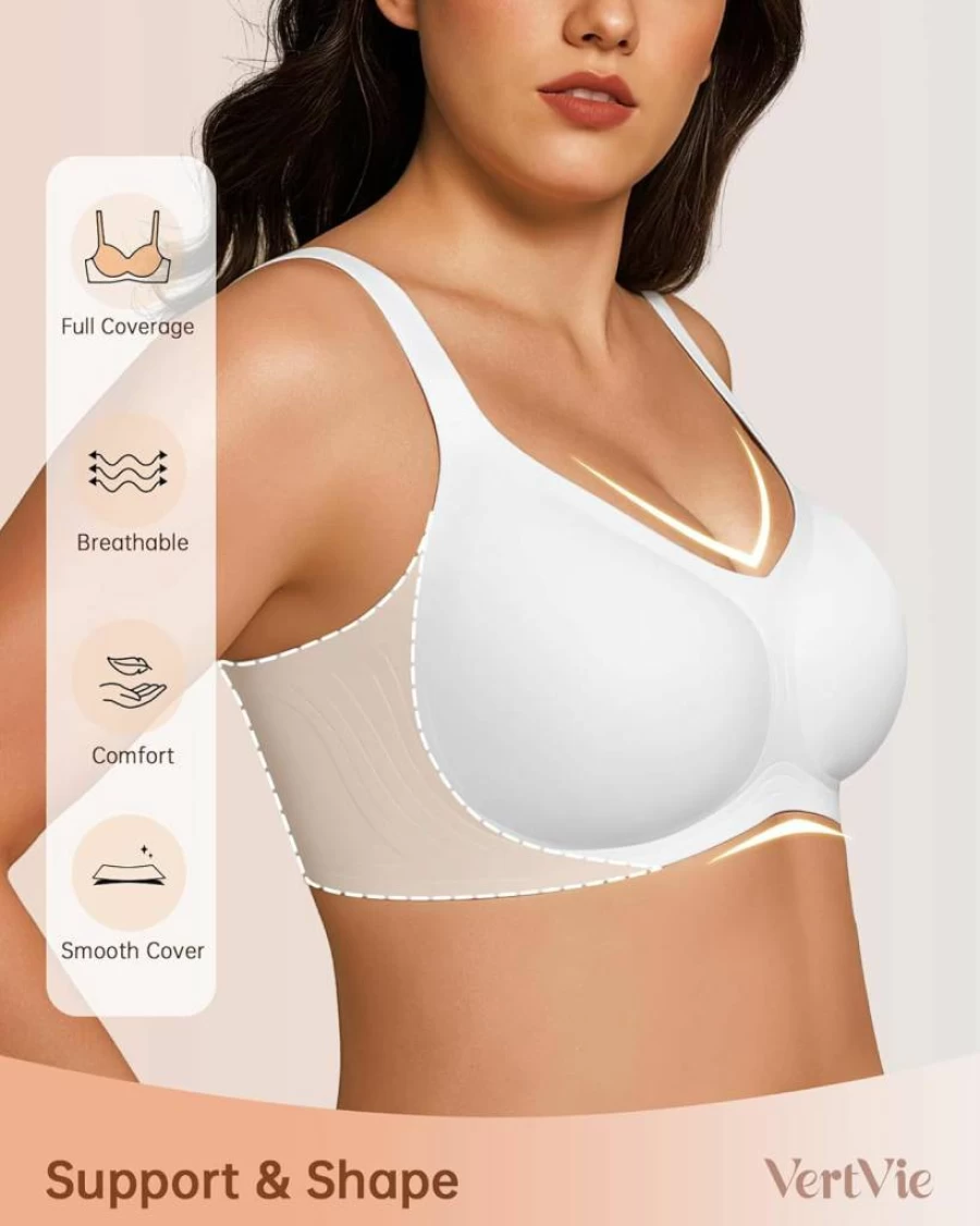 Vertvie Wireless Support Bra for Women - Seamless Full Coverage T-Shirt Sports Bra, Underarm-Smoothing No Underwire Push Up Bra