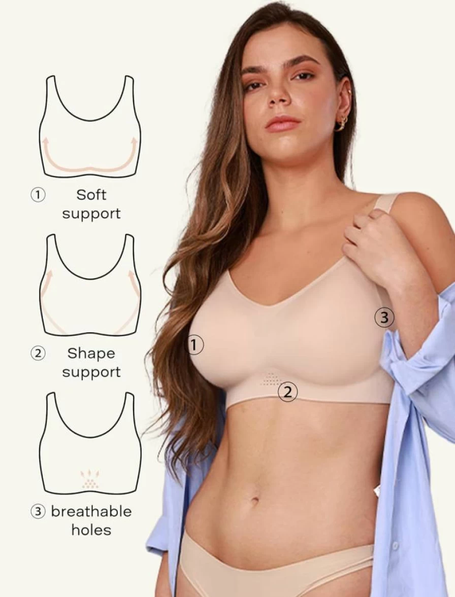 COMFELIE Seamless Wireless Bra for Women - No Underwire Full Coverage V-Neck T-Shirt Bra - Comfortable Everyday Bra for Large Busts